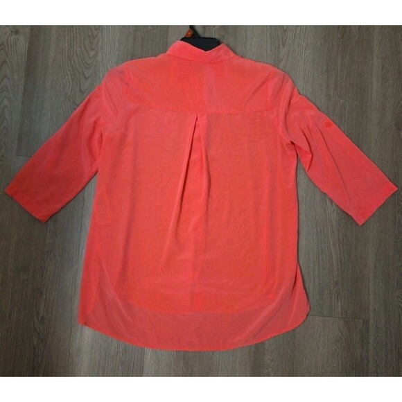 DKNY Silk Blend Button Front Blouse Women’s Size S Coral Pink Roll Tab Sleeve - Picture 4 of 16
